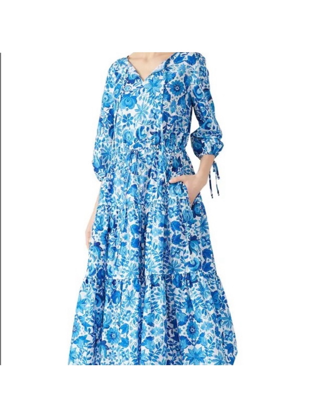 M.D.S. Stripes (by Mark Sikes) Blue Floral Tiered Midi Dress with V-Neck